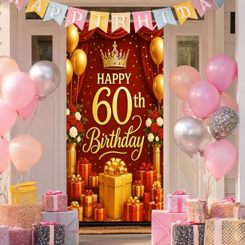 HOMETITUTE 60th Birthday Door Cover 71x35 Inch Red and Gold Birthday Banner for Party Decorations Gift Backdrop Sign with Crown and Balloons for Women Men Wall Party Supplies - color: Red and Gold Gifts
