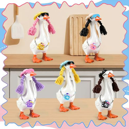 5 Sets Desk Goose Outfits Mini Hats with Braid Wig Glasses Camera Desk Goose Decor Thanksgiving Christmas Hat Accessory Headwear for 7 Inch Statue Key Holder