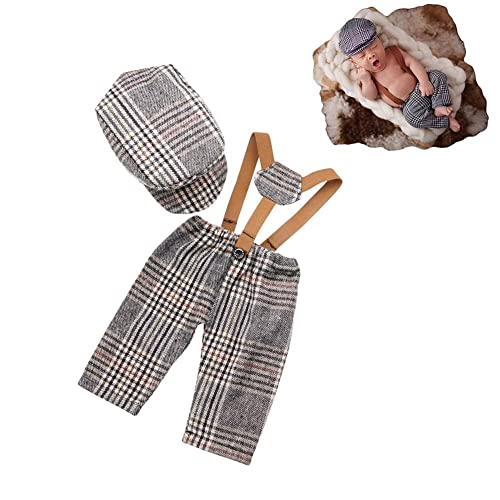 Newborn Monthly Baby Photo Props Stripe Checked Flat Cap Newsboy Suspender Pants Romper for Photography Outfits - color: Beige