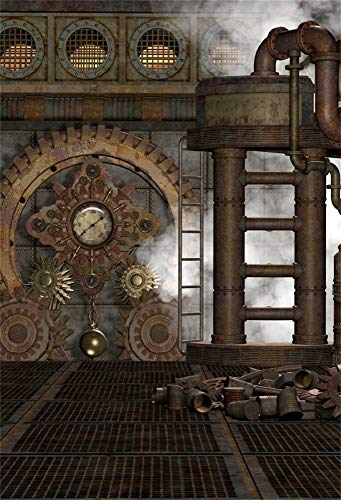 5x7ft Polyester Antique Vintage Rusty Steampunk Backdrop Industrial Gear Metal Clock Old Metal Gearwheel Photography Background Steam Machine Nostalgia Iron Chain Pipelines YouTube Photo Props - color: Black 10452, size: 5x7ft-Polyester