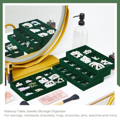 Junkin 12 Pcs Jewelry Tray Velvet Stackable Jewelry Organizer Trays Divided Earring Accessories Storage Containers Box (Rose Red) - color: Green