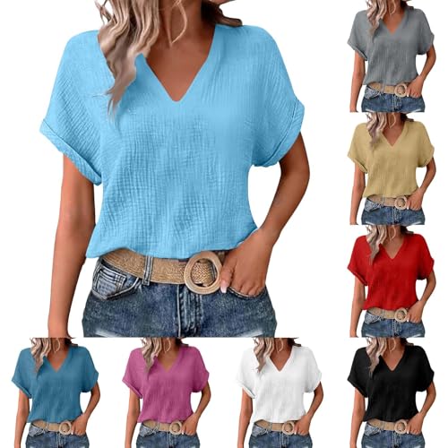 Womens Shirts Cotton Linen v Neck Short Sleeve Blouses Casual Loose Fit Textured Summer Pullovers Daily Wear - color: A01-light Blue, size: XX-Large