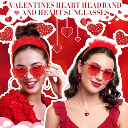 Janinka Valentines Day Heart Headband Sunglasses Set Valentines Photo Prop Galentines Party Favor Accessories for Women - style: Feather Heart