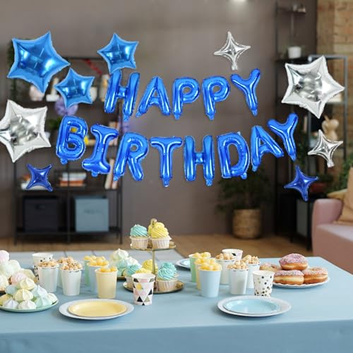 TONIFUL 35PCS Blue Happy Birthday Decorations 16 Inch Happy Birthday Balloon Banner with Star Balloons Mylar Foil Birthday Party Decorations Supplies for Men Women Adults Girls Boys Kids - color: Blue Set