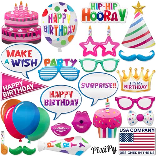 Premium Birthday Photo Booth Props Kit - 22 pc, Multicolored - Happy Birthday Party Fun Photobooth Selfie Accessories - for Adults & Kids - Funny Photoshoot w/Friends - by PixiPy - color: Multicolored, size: Pack of 22