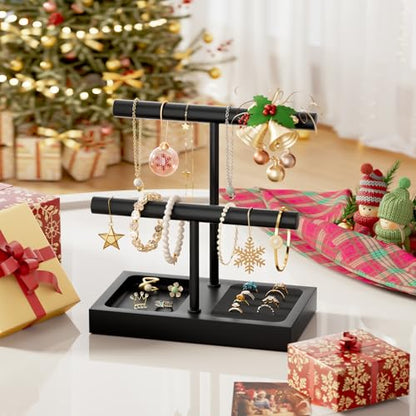 SZQINJI Jewelry Holder Organizers Bracelet Holder Display Stand, Solid Wood Base with 2 Tier Metal T-bar for Bracelet Wristband Bangle Watch Necklace Hanging, Black, Christmas Gift - size: 2 Tier