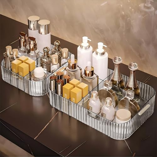 DASITON Large Capacity Makeup Organizer,12 Slots Makeup Brush Holder,Makeup Storage with Handle,Vintage Striped Cosmetic Organizer for Bathroom Countertops,Desk Storage Container(Clear) - color: Clear