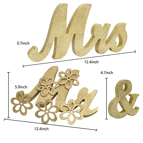 Mr & Mrs Signs Rustic Wooden Freestanding Letters - Anniversary & Wedding Decoration, Golden Flower Pads - color: Golden with flower pads
