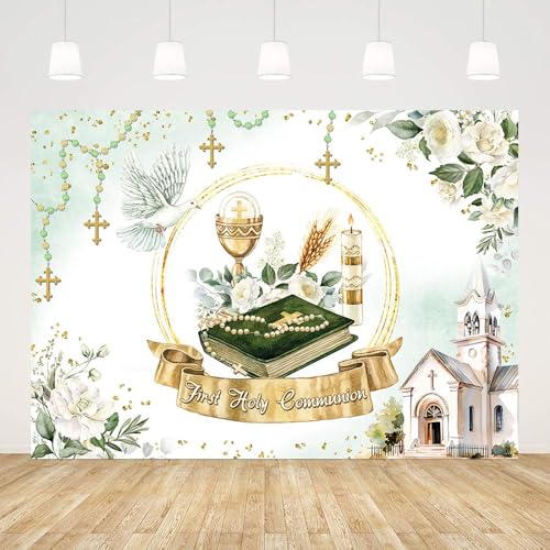 AIBIIN 7x5ft First Holy Communion Backdrop Greenery Mi Primera Comunion Photography Background Baptism Christening God Bless Mi Bautizo Party Decorations Banner Photo Props - size: 7x5ft