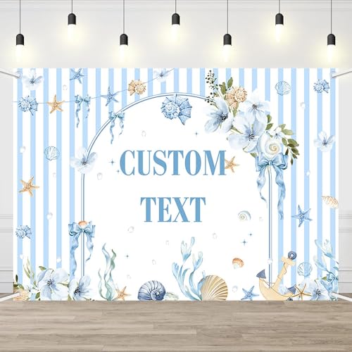 AIBIIN 7x5ft Summer Birthday Custom Backdrop Blue Coastal Ocean Theme Party Background with Seashell Starfish Floral Design Nautical Beach Decoration for Kids Adults Large Photo Booth Banner - color: Custom, size: 7x5ft