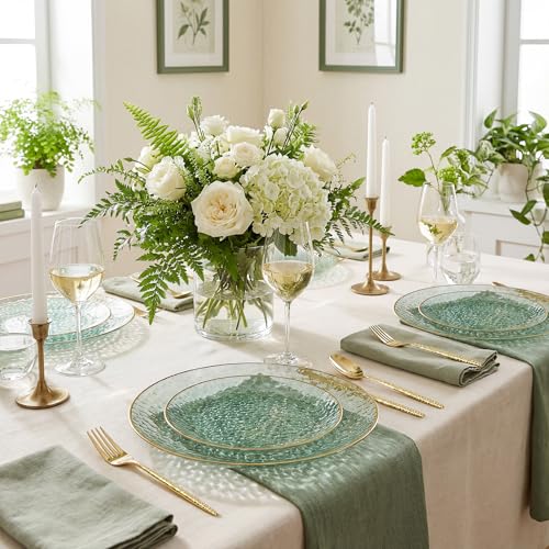 I00000 150Pcs Clear Green Plastic Plates with Gold Rim,Green Disposable Plates,Clear hammer patterned plates Set include 30 Dinner Plate,30 Dessert Plate,90 plastic Silverware Set for Party - color: Clear Green