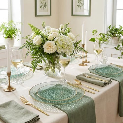 I00000 150Pcs Clear Green Plastic Plates with Gold Rim,Green Disposable Plates,Clear hammer patterned plates Set include 30 Dinner Plate,30 Dessert Plate,90 plastic Silverware Set for Party - color: Clear Green