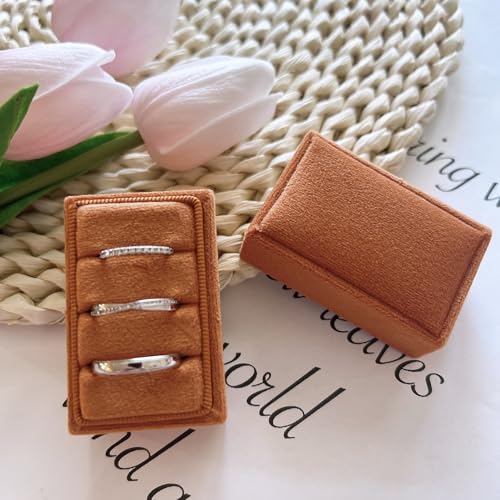 Rectangle 3 Slots Italian Velvet Jewelry Box Engagement Wedding Photo Ring Box Keepsake Box Triple Ring Gift Box (Burnt Orange) - color: Burnt Orange