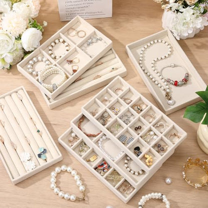 Highergo 8 Pcs Velvet Jewelry Trays Stackable Drawers Organizer Ring Earring Bracelet Necklace Storage Trays, 8.3x4.7x1''(Mixed Style) - style: Mixed Style