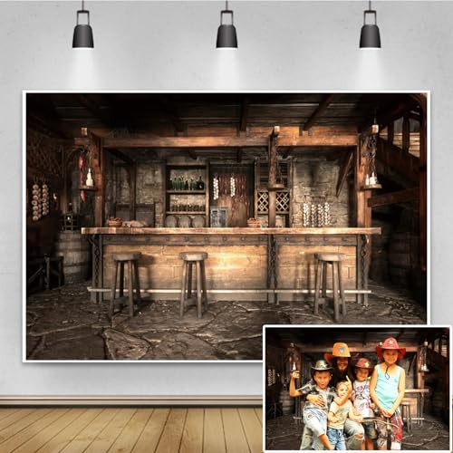 Renaiss 6x4ft Shabby Restaurant Interior Backdrop Rustic Wooden Bar Counter Wine Bottle Photography Background Chili Garlic Tables Chairs Banner Western Cowboy Portrait Shoot Studio Props Wallpaper - color: Brown-5, size: 6x4ft
