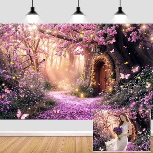 5X3ft Enchanted Forest Backdrop Fairy Tale Purple Garden Wonderland Tree House Floral Background for Kids Girl Baby Shower Birthday Party Decoration Banner Cake Table Photo Booth Props - color: Multi7, size: 5x3ft