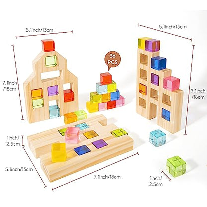 Woodtoe Wooden Building Blocks Set for Kids, 36 PCS Rainbow Acrylic Gem Blocks - 3 Wood House, Montessori Stacking Toy for Toddlers, Educational STEM Birthday Creative Toy Gift for Boys Girls 3-6 - style: 36 PCS Rainbow Blocks Set