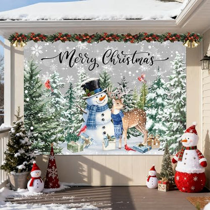 MEHOFOND 7x5ft Christmas Backdrop Winter Snowman Merry Christmas Photography Background Xmas Tree Snowflake Decorations Banner for Winter New Year Xmas Eve Family Party Decor Photo Booth Props - size: 7x5ft