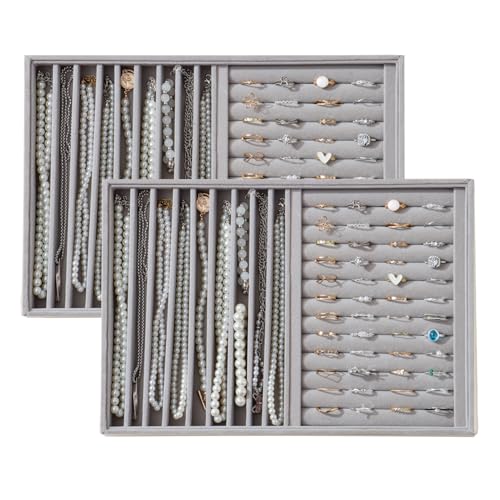 Large Velvet Jewelry Tray 2 Pack Stackable Jewelry Display Drawer Inserts Trays Organizer for Earring Bracelet Necklace Ring (Gray, Ring and 9 Grids) - color: Gray, size: Ring and 9 Grids