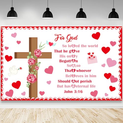 AIBIIN Valentines Christian Backdrop Jesus Valentine's Day Party Banner Decorations Pink Heart Christian Religious Valentines Day for Kid Party Decor Backdrops for Photography 8x6ft - color: Pink, size: 8x6ft