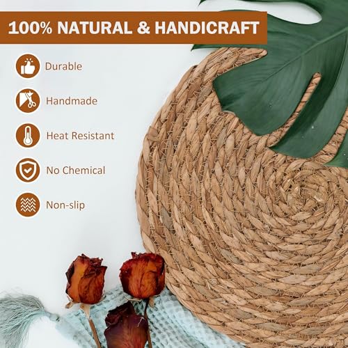 GENMOUS 10 Pack Woven Placemats, 12" Round Placemats Natural Water Hyacinth Boho Placemats,Farmhouse Rattan Chargers for Dinner Plates,Rustic Braided Wicker Table Mats for Dining Table,Home,Wedding - size: 12inch, Set of 10