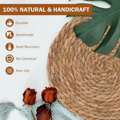 GENMOUS 10 Pack Woven Placemats, 12" Round Placemats Natural Water Hyacinth Boho Placemats,Farmhouse Rattan Chargers for Dinner Plates,Rustic Braided Wicker Table Mats for Dining Table,Home,Wedding - size: 12inch, Set of 10