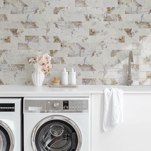 Vamos Tile 100-Piece Peel and Stick Backsplash Seamless Tile,3''x6'' Glossy Pandora Marble with Gold Veining PVC Subway Tile,Stick on Backsplash for Kitchen/Bathroom/Laundry Room - color: Pandora Marble with Gold Veining
