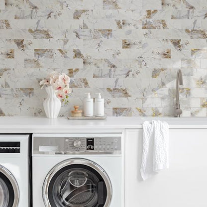 Vamos Tile 100-Piece Peel and Stick Backsplash Seamless Tile,3''x6'' Glossy Pandora Marble with Gold Veining PVC Subway Tile,Stick on Backsplash for Kitchen/Bathroom/Laundry Room - color: Pandora Marble with Gold Veining