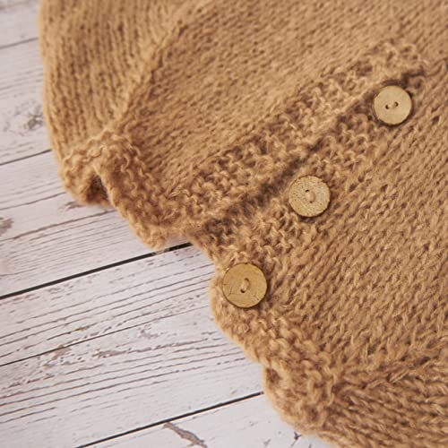 Newborn Photography Props Boys Girls Outfits Mohair Bear Hat Bonnet & Footed Romper Bodysuit Photoshoot Costume Set - color: Camel