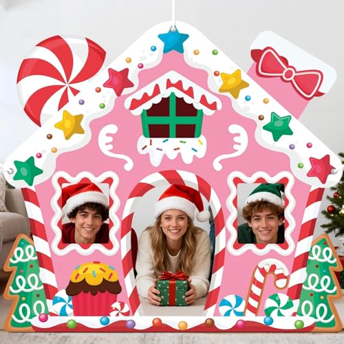 WovWeave Life Size Pink Gingerbread House Christmas Decoration Holiday Backdrop for Indoor Outdoor Display – Gingerbread House Decor for Christmas Party Decorations & Photo Booth Prop, 65 x 71 Inches - style: Pink Gingerbread