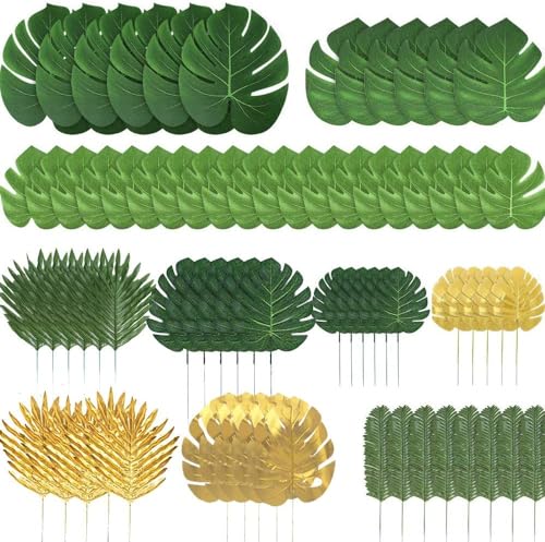 50 Pieces 10 Kinds Artificial Palm Leaves Golden Tropical Leaves with Stems Jungle Leaves Decorations for Hawaiian Luau Party Beach Baby Shower Wedding Birthday - color: 50pcs Gold
