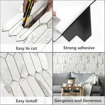 Vamos Tile Glossy Carrara White Backsplash Tile Peel and Stick, 12.8 x 12.8 Inch 10 Sheets Long Hexagon PVC Self Adhesive Mosaic Wall Tiles Stick on Backsplash for Kitchen and Bathroom - color: Glossy Carrara White