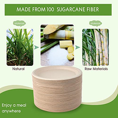Vplus 150 Pack Compostable Disposable Paper Plates 10 inch Super Strong 100% Bagasse Natural Biodegradable Eco-Friendly Sugarcane Plates(nature) - color: Nature, style: 10 IN Round Plates