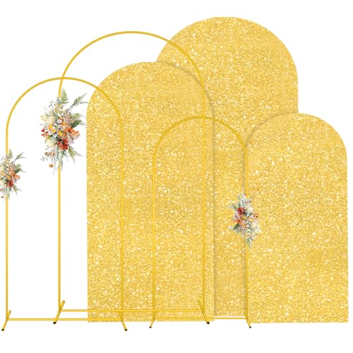 MODFUNS Arch Backdrop Stand and Cover Set 4&5&6ft Gold Sequin Arch Stand Cover Metal Arch Frame Vintage Backdrop Stands for Baby Shower Birthday Party Ceremony Decoration - color: Gold, size: 4&5&6FT-Set