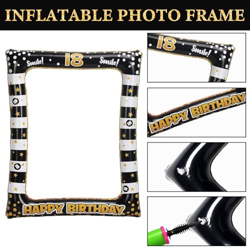 18th Birthday Photo Booth Props, Black Gold Inflatable Photo Booth Frame, 30PCS Photo Booth Props for Party Selfie Party Decorations and Gifts - size: 18th Birthday Inflatable Frame