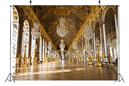 BELECO 7x5ft Fabric Royal Palace of Versailles Backdrop The Hall of Mirrors France Mirror Gallery Backdrop Luxury Chandelier Sculpture Ceiling Mural Birthday Wedding Photoshoot Portrait Photo Props - size: 7x5FT