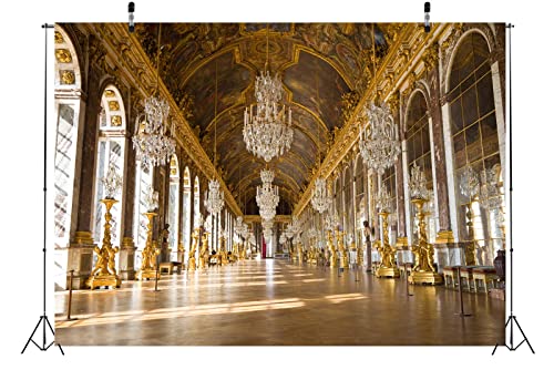 BELECO 5x3ft Fabric Royal Palace of Versailles Backdrop The Hall of Mirrors France Mirror Gallery Backdrop Luxury Chandelier Sculpture Ceiling Mural Birthday Wedding Photoshoot Portrait Photo Props - size: 5x3FT
