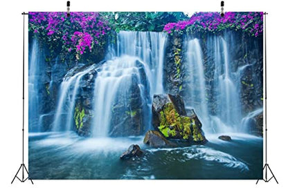 BELECO 20x10ft Fabric Waterfall Landscape Backdrop Forest Mountain Falls Lake Blooming Flowers Natural Scenery Photography Background Wallpaper Children Kids Adults Portrait Photo Shoot Studio Props - size: 20x10FT