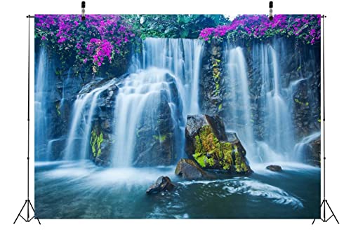 BELECO 10x8ft Fabric Waterfall Landscape Backdrop Forest Mountain Falls Lake Blooming Flowers Natural Scenery Photography Background Wallpaper Children Kids Adults Portrait Photo Shoot Studio Props - size: 10x8FT