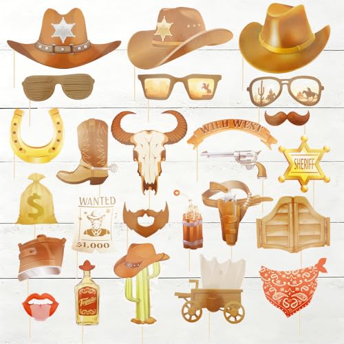 25 Pcs Cowboy Photo Booth Props Kit Cowboy Photo Props Party Supplies Favors Decorations Selfie Prop Photography Photobooth Selfie Supplies