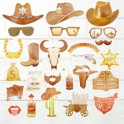 25 Pcs Cowboy Photo Booth Props Kit Cowboy Photo Props Party Supplies Favors Decorations Selfie Prop Photography Photobooth Selfie Supplies