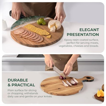 Acacia Wood Serving Board with Ocean Resin Art, 18.1" x 13" Charcuterie Cheese Tray for Display & Prep, Cutting Board on Back, Includes Stand & Loofah, Christmas Housewarming Gift (Round) - color: Round Cutting Board, size: 18.1" x 13" x 0.7"