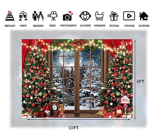 10x8ft Christmas Window Backdrop Snowy Winter Holiday Photo Booth Banner Xmas Tree Decor Backdrop Xmas Party Background Family Holiday Photography Background 229 - size: 10x8ft