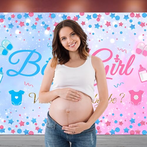 5x3 FT Gender Reveal Boy Or Girl Photo Backdrop He Or She What Will Baby Be Blue Pink Footprints Glitter Dots Star Party Decorations Photography Background Polyester - size: 5x3 FT
