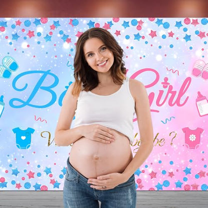 10x8 FT Gender Reveal Boy Or Girl Photo Backdrop He Or She What Will Baby Be Blue Pink Footprints Glitter Dots Star Party Decorations Photography Background Polyester - size: 10x8 FT