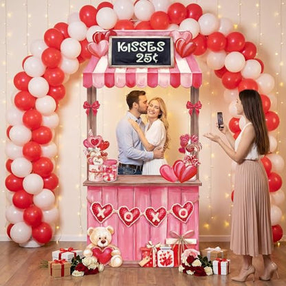 WovWeave Valentine's Day Kissing Booth Backdrop 71x35 Inch - Romantic Red Pink Heart Photography Background for Couples, Large Fabric Love Banner for Party Decorations, Indoor Outdoor Selfie Props - style: Valentine