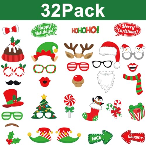 Avezano Christmas Photo Booth Props, 32Pcs Christmas Party Decorations Set Party Favors, Selfie Holiday Photo Prop for Photography, X’mas Games for Party Supplies for Adults