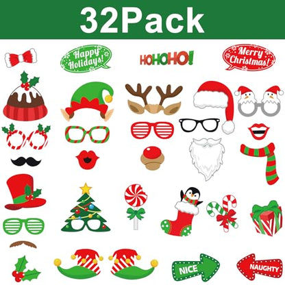 Avezano Christmas Photo Booth Props, 32Pcs Christmas Party Decorations Set Party Favors, Selfie Holiday Photo Prop for Photography, X’mas Games for Party Supplies for Adults
