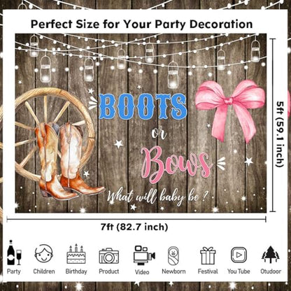 Sensfun Boots or Bows Gender Reveal Backdrop Boy or Girl Baby Shower Party Decorations Rustic Wooden Cowboy Boots Pink Bow Photography Background Western Gender Reveal Banner Photo Booth Props 7x5ft - size: 7x5ft