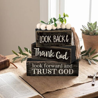 Moucuny 4 Pcs Farmhouse Table Decor Inspirational Wooden Signs Rustic Eucalyptus Leaves Wooden Block Sign Gift Thank and Trust God Farmhouse Table Centerpiece for Living Room Housewarming Gift - style: Black